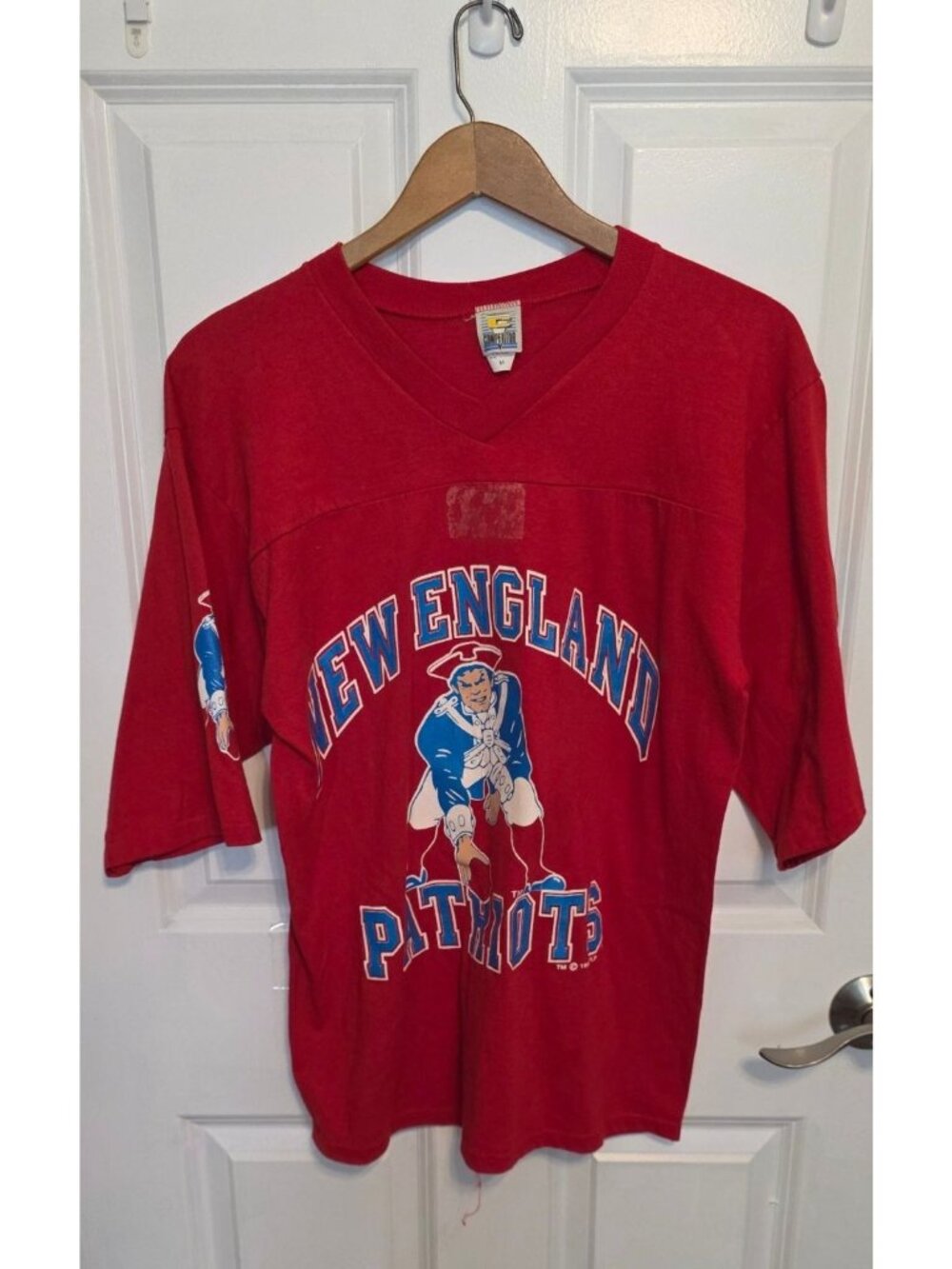 Vintage New England Patriots Pat Patriot T-Shirt Red Medium Competitor USA NFL